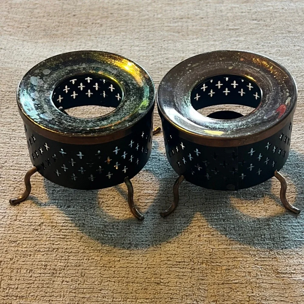 Vintage Mid Century Modern Coffee Carafe and 2 Candle Warmers Atomic Cross Black